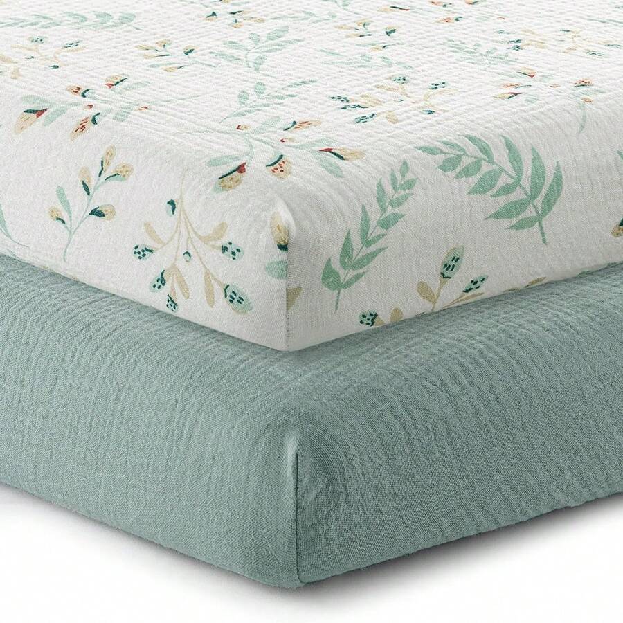 2件装柔软透气100%纯棉婴儿床单，波西米亚风格中性色柔软棉质婴儿床垫套，适合标准婴儿床垫 - 彩色 - 查看 1