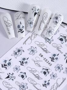 2片装3D立体花朵字母美甲贴纸，黑色渐变芙蓉花瓣，哥特浪漫英文字母花卉图案，Y2K美学，自粘凝胶美甲贴花，春夏款 - 彩色 - 查看 9