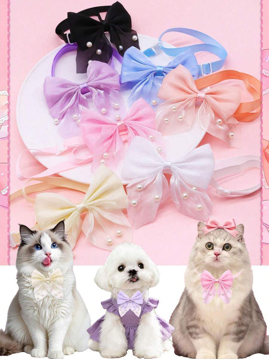2/10Pcs Pearl Mesh Pet Tie, Sweet Bow Design, Happy Dog Matching, Cat And Dog Universal, Puppy Keep Holiday Party Photo Dressing, Cute And Fun Pet Accessories - Multicolor - View 1