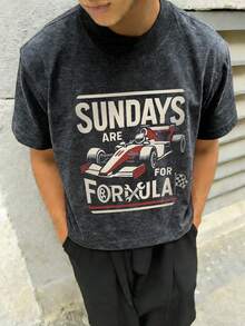 男士时尚休闲街头摇滚说唱歌手风格宽松水洗棉短袖T恤 | 赛车元素印花 | 精致设计 | 春夏必备 | 百搭易穿，展现您的个人风格。 - 黑色 - 查看 2