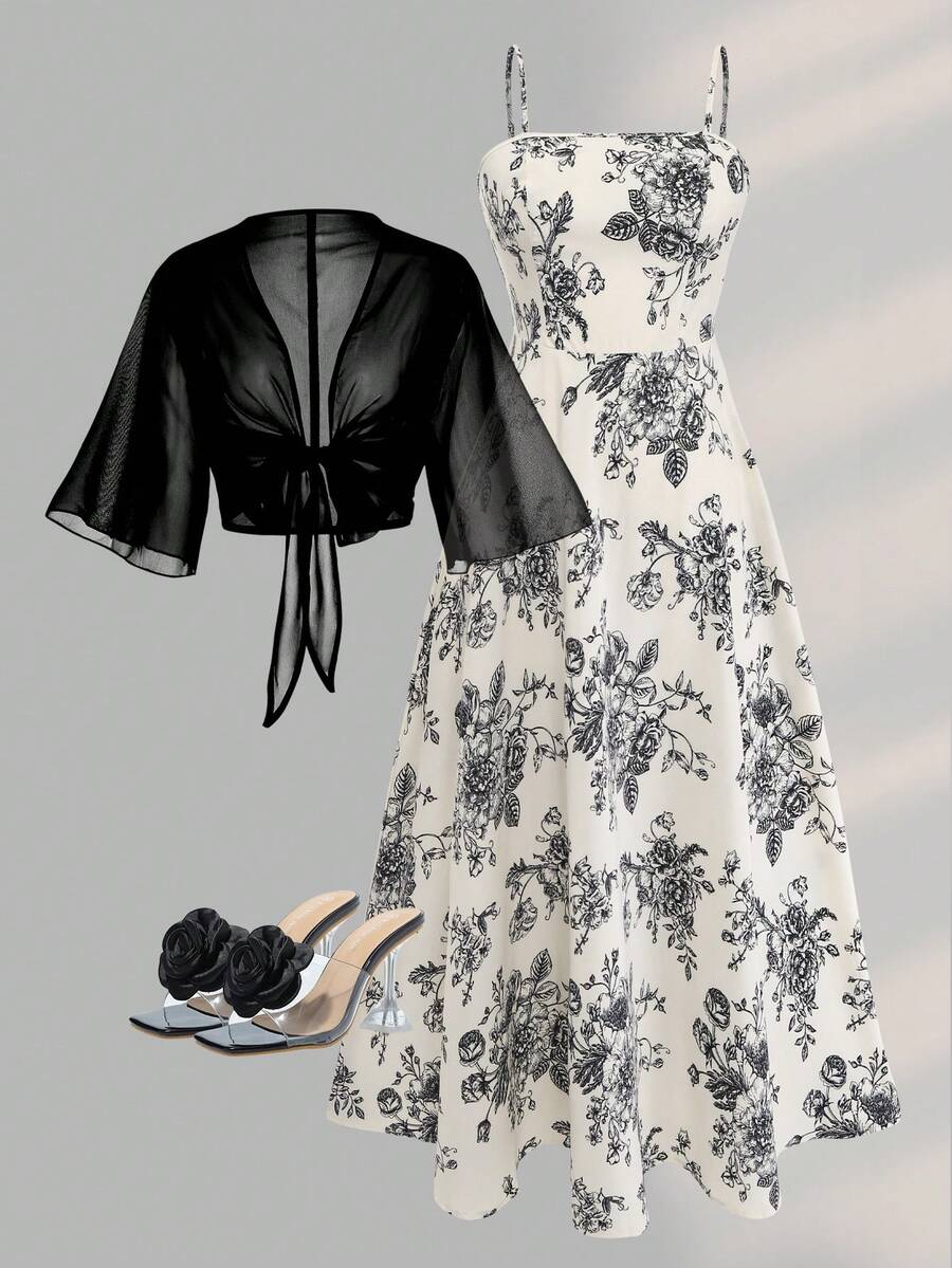 Conjunto de Vestido e Jaqueta Chiffon com Estampa de Rosa Elegante Feminino, Conjunto Gracioso para Praia, Encontro, Dia dos Namorados, Uso Casual Diário, Verão e Primavera Preto - Preto - Visão 1