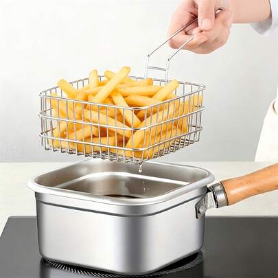 Silver Stainless Steel Deep Fryer Pot Set With Basket & Tongs,Versatile Frying & Boiling Pan For Home Kitchen, Perfect For Fish & Chips, Party Cooking