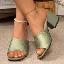 Elegant Lace Pattern Decor Chunky Heel Slide Sandals, Open Toe Mule Slippers, High Heel Slip-On Sandals For Summer - Green - View 2