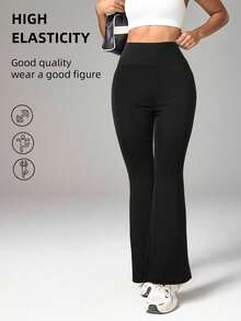 High Waist Flare Pants For Women, Seamless Yoga Pants, Butt Lifting & Slimming Wide Leg Trousers - Black - View 4