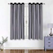 2 Panels Black Blackout Curtains With Star Cutouts, Solid Color Curtains With Lace Voile Layers, Suitable For Bedroom, Living Room - Black - View 37