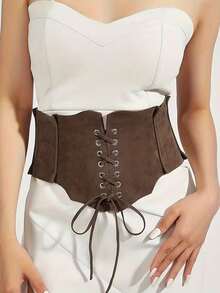 1pc Women's Retro Palace Style Coffee Brown Tie-Up Series Fashion Fitted Adjustable Wide Waist Band, Suitable For Street Photography, Dining, Party Events Or Daily Wear - Brown - View 1