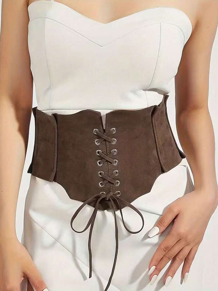 1pc Women's Retro Palace Style Coffee Brown Tie-Up Series Fashion Fitted Adjustable Wide Waist Band, Suitable For Street Photography, Dining, Party Events Or Daily Wear - Brown - View 1