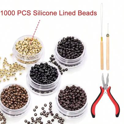 Hair Extension Kit Pliers Pulling Hook Bead Device Tool Kits And 1000PCS Silicone Lined Micro Rings
