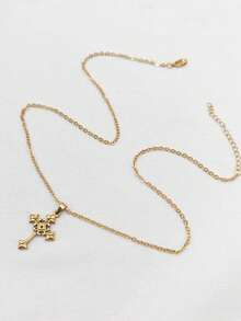 1pc 18K Gold Plated Vintage French Elegant Gold Stainless Steel Cross Floral Pendant Necklace - Adjustable Side Chain, Luxury Minimalist Design, Suitable For Daily Wear And Gift, Cross Necklace - Yellow Gold - View 2