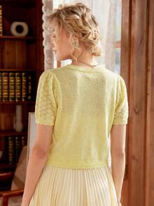 Knit Mix 优雅女士时尚刺绣针织法式通勤短袖镂空修身春夏上衣，休闲复古返校春夏款，适合圣诞节、感恩节和新年等场合。 - 黃色 - 查看 2