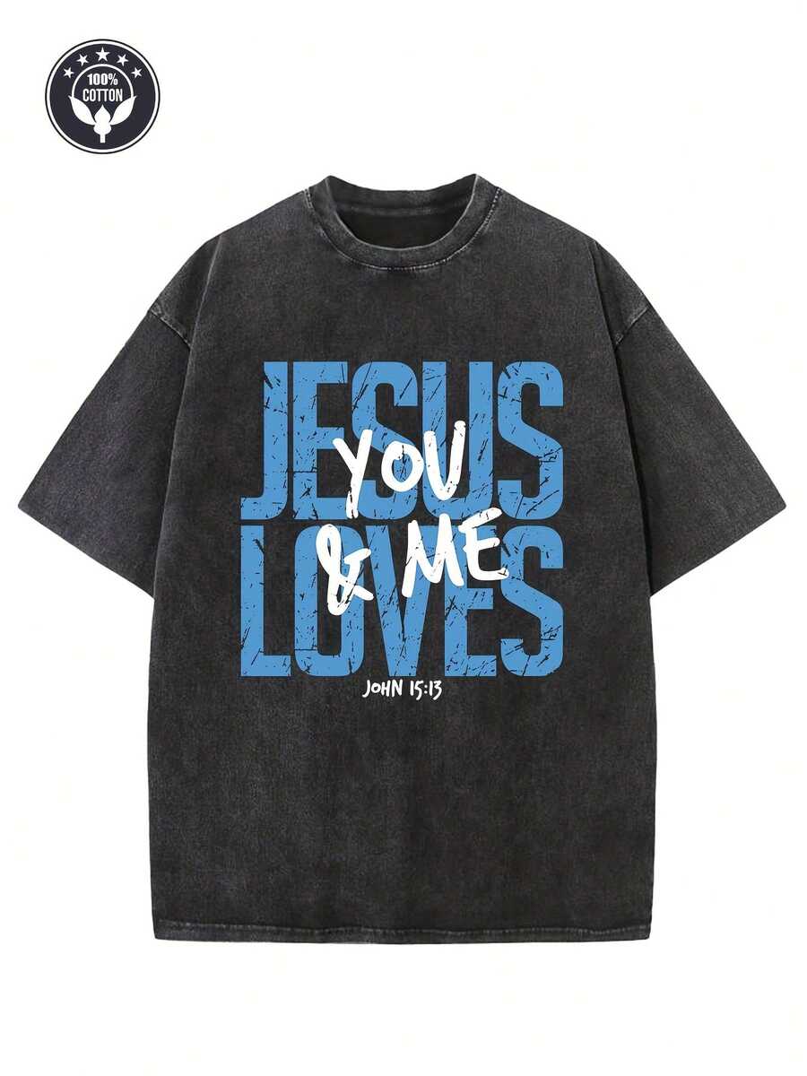 Men's And Women's Heavyweight 230g 100% Cotton Jesus Loves You T-Shirt - Vintage Christian Faith Bible Verse (John 15:12) Print, Blue Washed Street Style T-Shirt, Loose Casual Church Wear, Breathable Crew Neck Short Sleeve New Casual T-Shirts For Men And Women-HD07 - 黑色 - 查看 1