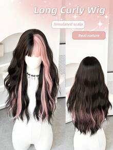 24英寸粉色波浪假发，带刘海，挑染黑色发丝，长卷发，自然蓬松柔软，采用合成纤维编织而成，适合女性和女孩圣诞派对角色扮演使用。 - 粉色 - 查看 1