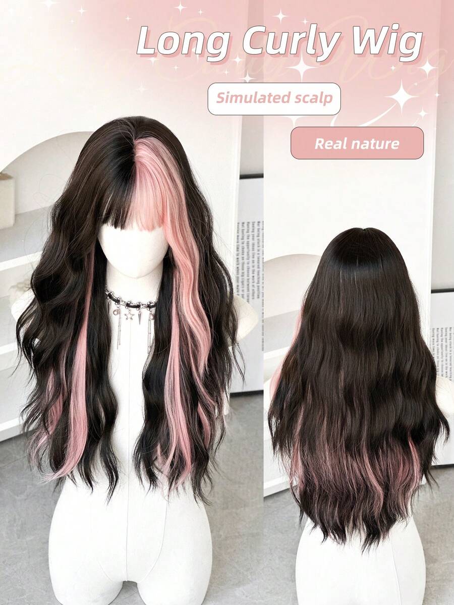 24英寸粉色波浪假发，带刘海，挑染黑色发丝，长卷发，自然蓬松柔软，采用合成纤维编织而成，适合女性和女孩圣诞派对角色扮演使用。 - 粉色 - 查看 1