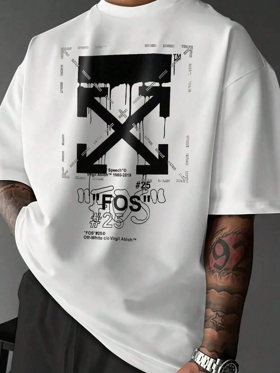 [Men's Pure Cotton Casual T-Shirt] Urban Style Printed T-Shirt | Features A Striking Black Arrow Graphic Design On The Front | 100% Heavy-Weight Cotton, Loose-Fitting Street Style T-Shirt | Y2K Style | Summer T-Shirt | Vacation T-Shirt | Men's Gift - 白色 - 查看 1