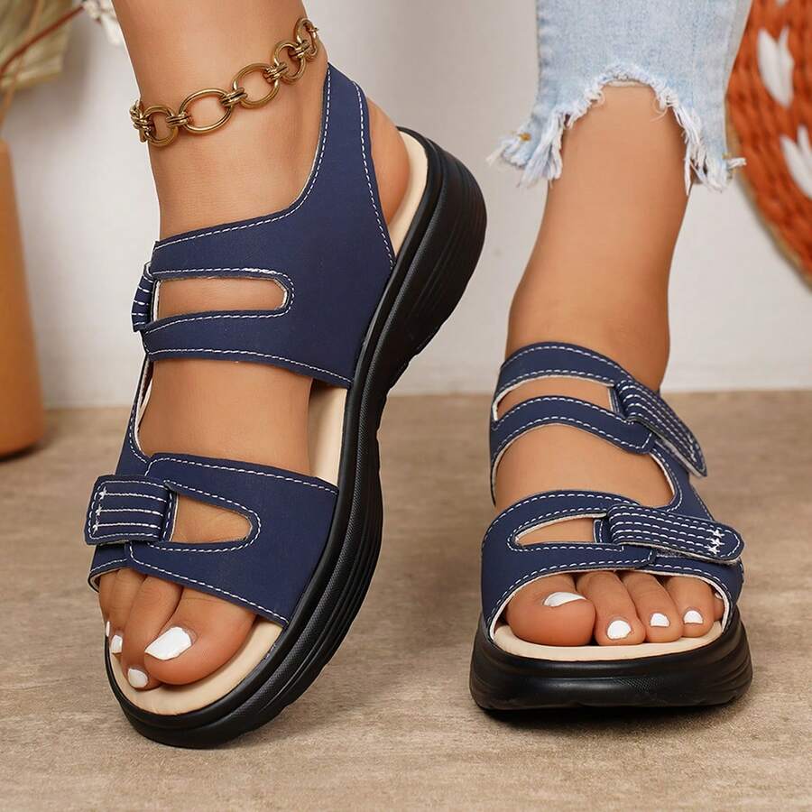 Lightweight Thick-Sole Open-Toe Sandals, Adjustable Hook And Loop Women Casual Beach Shoes - Blue - View 1