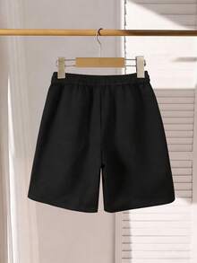 1 pieza Pantalones cortos de verano de unicolor hasta la rodilla para niños preadolescentes para deportes al aire libre - Negro - Ver 2