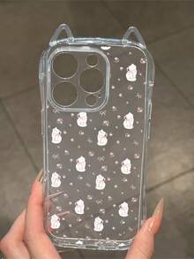 1个可爱粉色花朵蝴蝶结猫耳手机壳，透明边框不对称猫耳设计，气囊防摔，1.5mm柔软TPU材质，带猫耳挂绳，兼容 17/17 Pro/Air/17 Pro Max/16/16 Pro/16 Plus/16 Pro Max/15 Pro Max/11/12/13/14/15 Plus/15 Pro/14 Pro/13 Pro - 彩色 - 查看 2