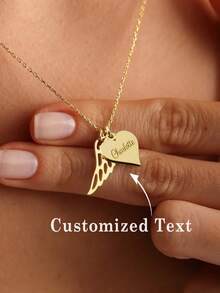 1pc Heart-Shaped Personalized Necklace With Angel Wings Design, Memorial Necklace, Customized Remembrance Gift, Angel Necklace - Multicolor - View 3