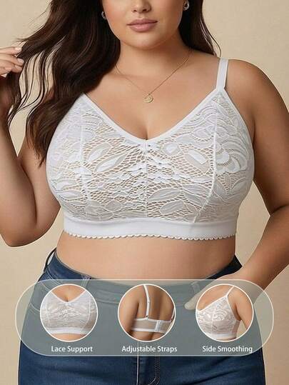 Plus Size Women's White Lace & Mesh Wireless Bra, Romantic & Sexy Vintage Bra
