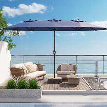 Sombrilla de patio grande de 4,5 m con base, rectangular de doble cara con base cruzada y saco de arena, para piscina, césped o jardín. - B - Ver 7