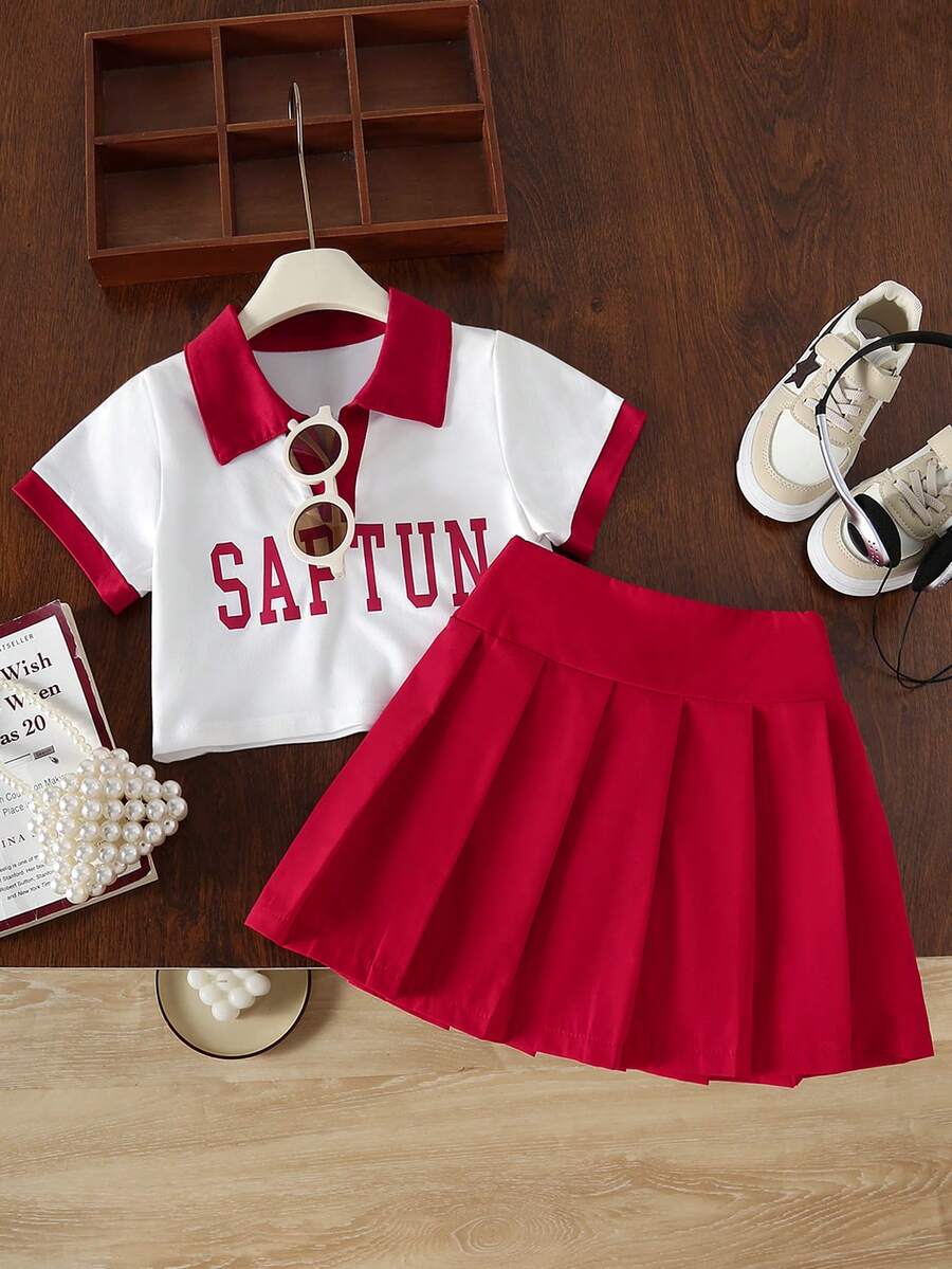 Conjunto de falda plisada de manga corta y cuello polo para niñas, nuevo estilo escolar de 2 piezas para niña joven - Rojo - Ver 1