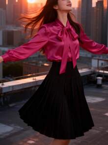 女士优雅缎面白色长袖休闲衬衫，百搭通勤上衣，领口饰有蝴蝶结 - 纯色设计，适合所有季节，可机洗，不透，面料柔软透气，缎面质感精致，搭配纯色领带，适合办公室和日常穿着，春季必备 - 玫紅色 - 查看 6