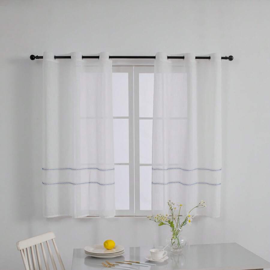 Viste tu Hogar Cortina Cocina 100x140cm/140x140 cm Translúcida Jacquard con Motivo de Pequeños Círculos para Ventana Corta, Visillo 100% Poliéster para Ventanas y Marco de Puerta – 1 Panel - Azul - Ver 1