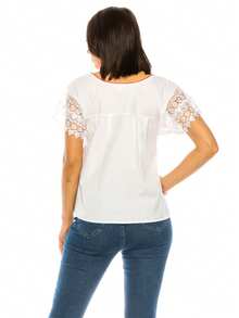 Women Traditional Bohemian Embroidered Blouse With Lace Sleeves - 白色 - 查看 6