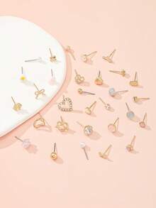 30对可爱雏菊、蝴蝶结、花朵、心形耳环套装，女士日常休闲佩戴耳钉首饰礼盒 - 金黃色 - 查看 2