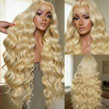 200% 高密度 13x6 13x4 5x5 高清透明蕾丝前假发，原生人发混纺，自然波浪卷，8-34 英寸 - 预先拔毛，无胶假发，带婴儿发，女士款，613，无需胶水，即戴即用 - 613 - 查看 4