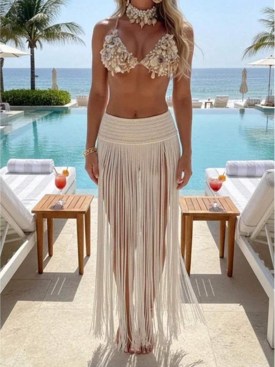 Falda larga tipo pareo de gasa con flecos y cintura de ganchillo como cubridor de playa - Blanco - Ver 1