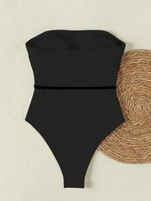 2026 Summer & Spring Women's French Style Strapless Black Bikini, Waist Cinching Design Slim & Sexy Beach Swimwear - Black - View 4