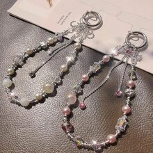 防震蝴蝶结 1 件装 水晶蝴蝶结流苏仿珍珠手机挂绳，独特小批量手机壳挂饰，串珠手链腕带，女士户外旅行购物防丢手机挂绳带夹子生日礼物派对 - 彩色 - 查看 4