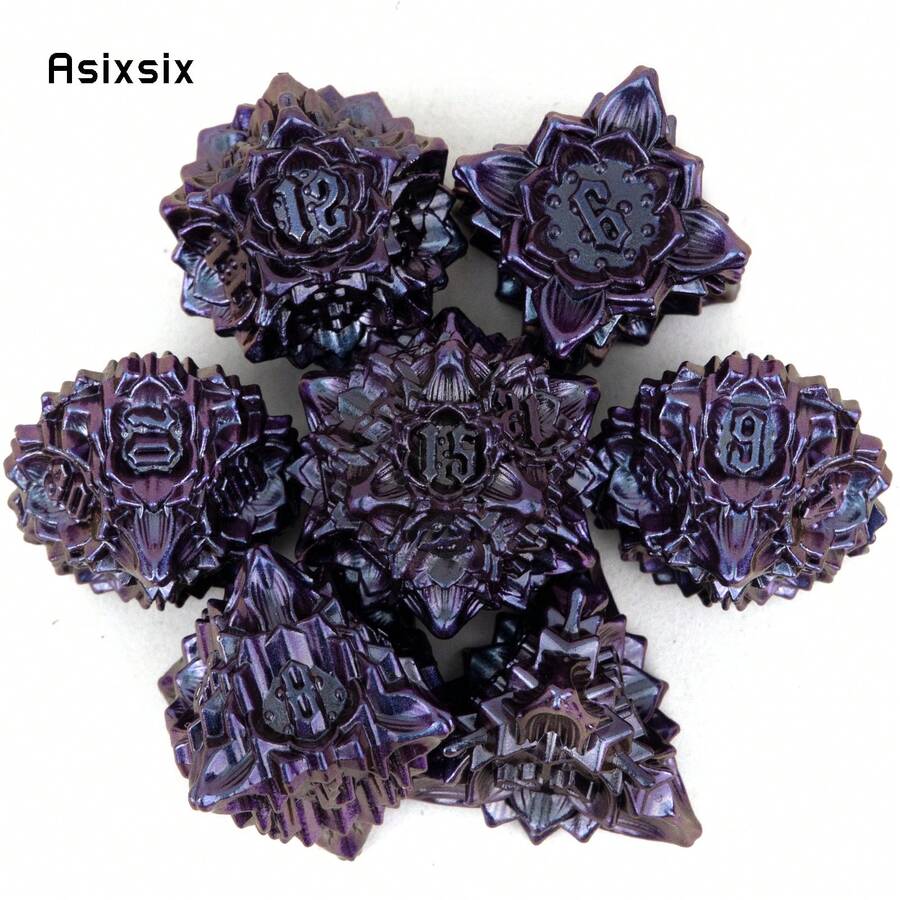 Asixsix 7 Pcs Purple Black Lotus Flower Metal Dice Solid Metal Polyhedral Dice Set Suitable For Role-Playing RPG Board Game Card Game - Apricot - View 1