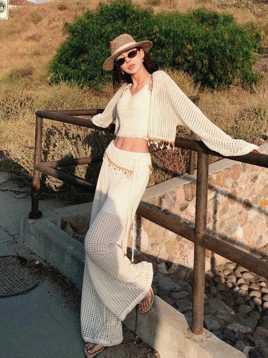 女士春夏新款波西米亚风高端设计小众流苏镂空针织套装短裤外套搭配阔腿裤 - 杏色 - 查看 1