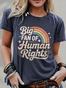 "Human Rights Ally" Rainbow Pride Vintage Tee | Retro Typography Graphic Shirt For LGBTQ+ Supporters & Activists | Unisex Streetwear, Soft Cotton Casual Top - 藏蓝色 - 查看 2