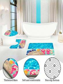 1/4 Stücke Blauer Traumhafter Ozean bedruckter wasserdichter Duschvorhang, Badezimmer Dekor Set mit Ozean Elementen, inklusive Badematte, U-förmige Toilettenmatte, dekorative Haken, moderne Badezimmer Accessoires für Zuhause, waschbarer Polyesterstoff, geeignet für Hotel, Apartment, Zuhause - Mehrfarbig - Übersicht 7