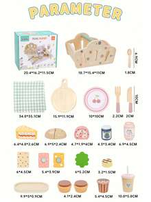 木制过家家面包糕点切割套装，儿童早教厨房玩具套装（带篮子），益智玩具 - 彩色 - 查看 3