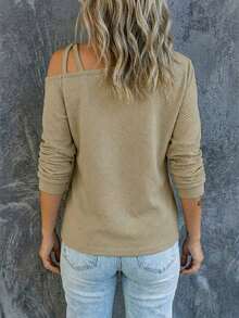 Women's Minimalist Jacquard Knit Sweatshirt, Asymmetrical Shoulder Fashion Sweatshirt, Ladies' Resort Wear, Spring/Autumn - Khaki - View 3