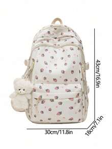 Fashionable Girl's Strawberry Print Backpack, Multi-Compartment And Pockets, Thick And Durable, Student Backpack, Multi-Functional Backpack, Leisure Backpack Travel Essential Large Capacity Backpack With Small Bear Pendant. - Multicolor - View 7
