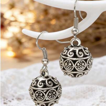 1对复古花卉图案球形耳环（女士款）