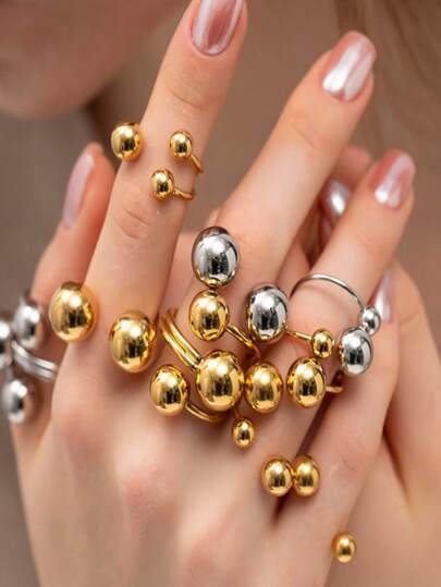 复古粗珠戒指，男女通用，开口可调节，金色不锈钢材质，时尚饰品，女士礼物