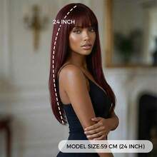 ROALYUV Wine Red Layered Long Straight Wig With Bangs, 24 Inch Natural Synthetic Hair Wig For Women, Heat Resistant Adjustable Cap, Easy To Style For Daily Wear Cosplay Party Dating - 酒紅色 - 查看 3
