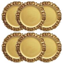 6 platos de servir de plástico con textura, con borde en relieve, en color dorado antiguo de 33 cm, para decoración de mesa, fiestas, bodas y días festivos - FD01G - Ver 7