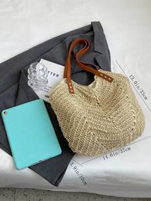 1个女士夏季草编包，时尚纯色，度假沙滩包，简约复古大容量单肩手提水桶包 - 米色 - 查看 2