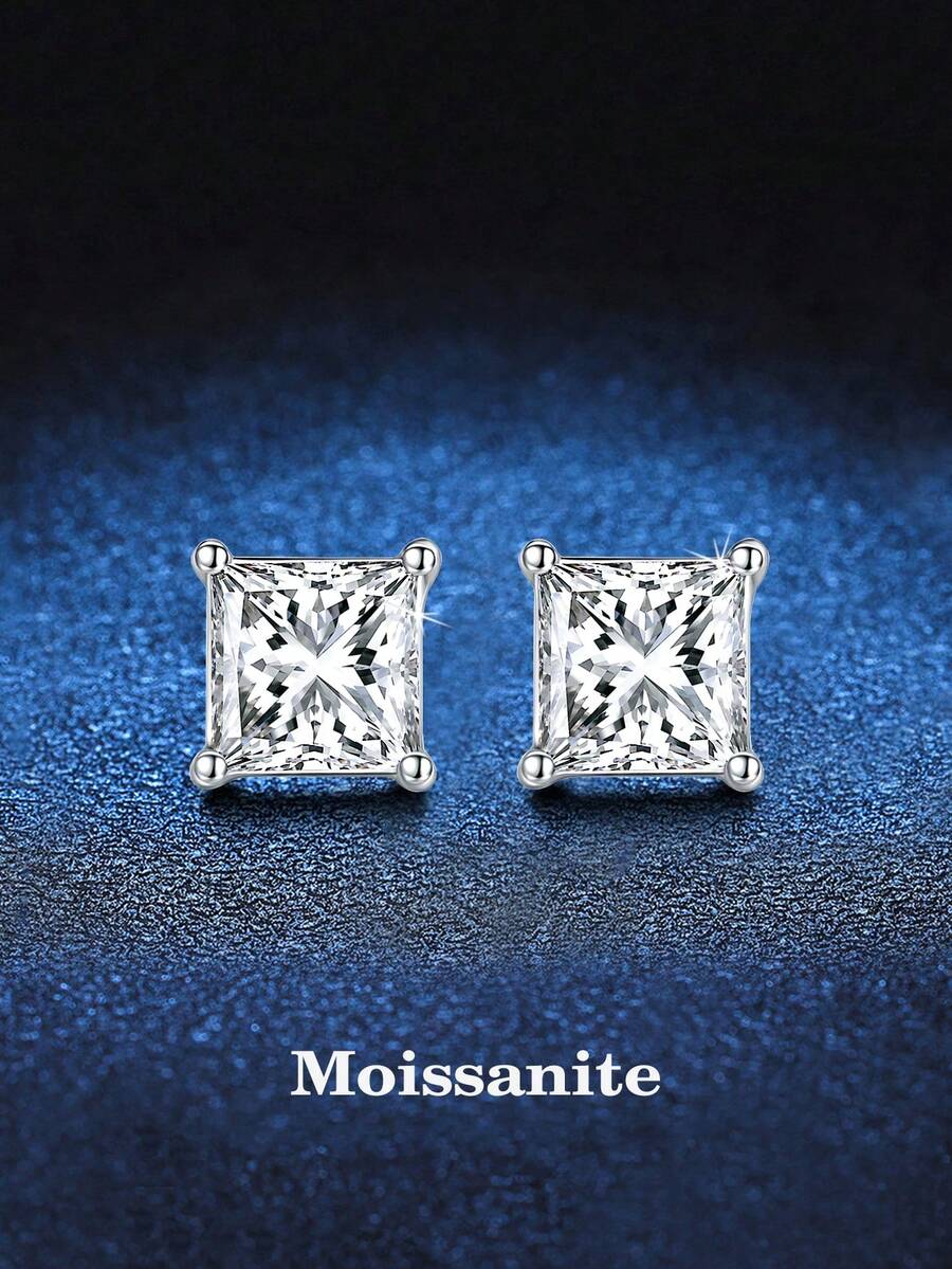 BLOVEMEE 2颗925银0.5克拉公主方形切割莫桑石耳钉，时尚简约，适合女性日常佩戴，生日、情人节、圣诞节等节日礼物之选。 - EH0042M - 查看 1