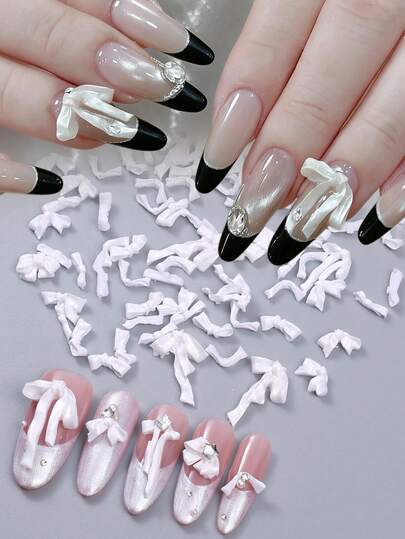 1pack White 3D Relief Bownot Nail Charms Elegant Ballet Bow Ribbon Nails Ornament DIY Soft Resin Satin Effect Bow Nail Art Decoration Japanese Wedding Nails Supplies Nail Gems Nail Accessories Tools For Salon