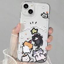 可爱卡通快乐猫咪图案，兼容 17 Pro Max，太空主题，16/15/14/13/12/11 个性化全包防震手机壳 - 無色 - 查看 2