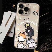 可爱卡通快乐猫咪图案，兼容 17 Pro Max，太空主题，16/15/14/13/12/11 个性化全包防震手机壳 - 無色 - 查看 5