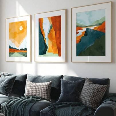 3PCS Watercolour Landscape Wall Art Prints, Nature Painting Art, Scandinavian Wall Art,Prints, Blue, Rust, Green, Orange, Boho Home,Canvas Art Wall, Room Poster, Home Decoration, Room Decoration Project, Bedroom, Kitchen, Living Room, Corridor Decoration, Optional Frame